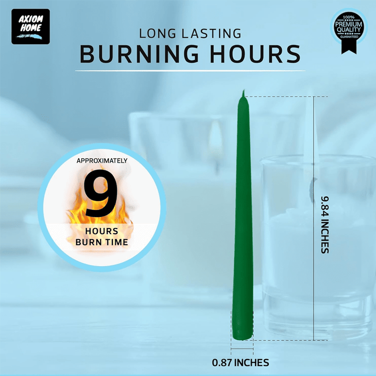 Pack of 10 Unscented Taper Candles-9.84 Inches Tall Thicker Candle Set-9 Hours Burning time (Green)