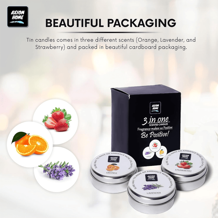 Pack of 3 Scented Tin Candles - 15 Hours Long Lasting Combo (Strawberry, Orange, Lavender)