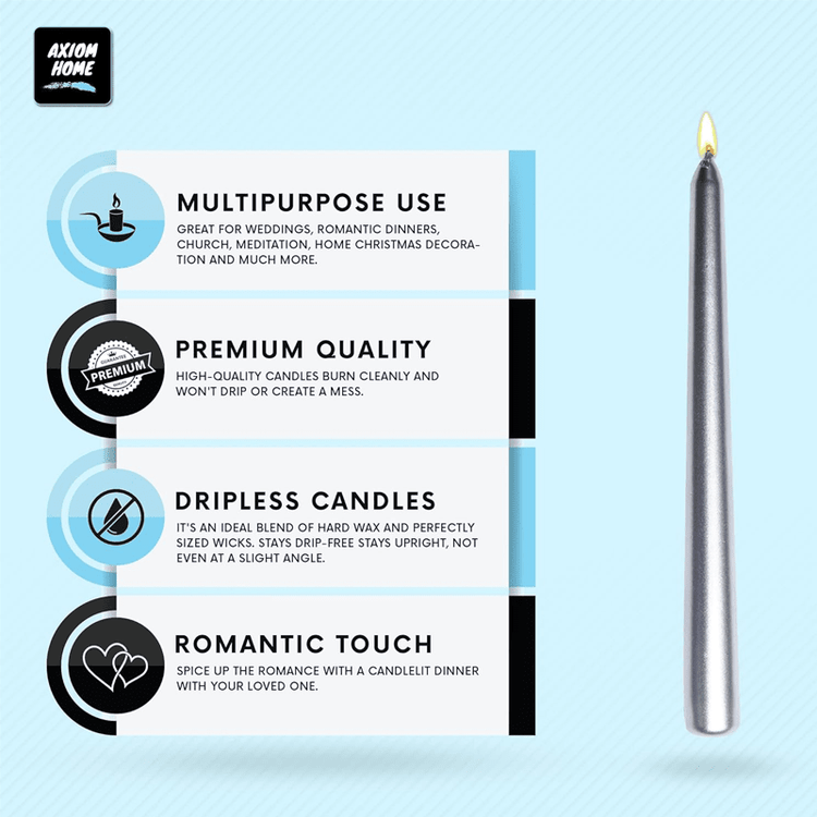 Pack of 10 Unscented Taper Candles-9.84 Inches Tall Thicker Candle Set-9 Hours Burning time (Metallic Silver)