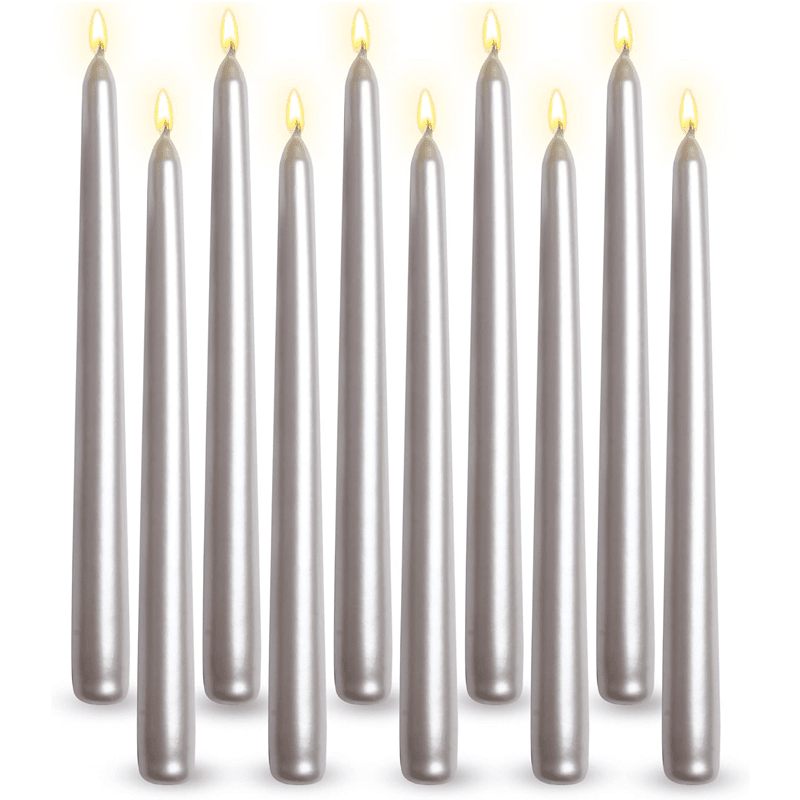 Pack of 10 Unscented Taper Candles-9.84 Inches Tall Thicker Candle Set-9 Hours Burning time (Metallic Pearl White)