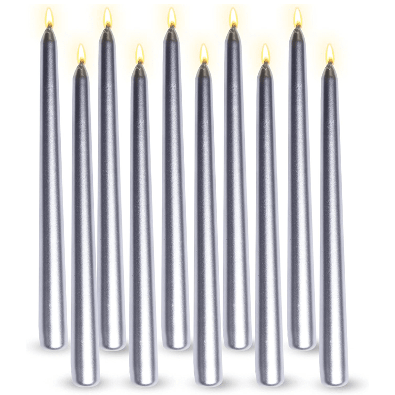 Pack of 10 Unscented Taper Candles-9.84 Inches Tall Thicker Candle Set-9 Hours Burning time (Metallic Silver)