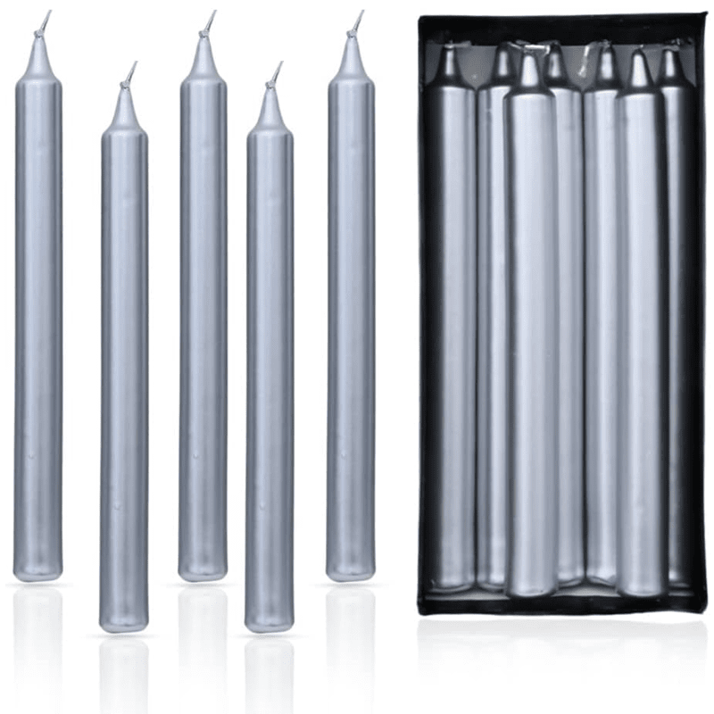 (Pack of 10) Unscented Straight Candles -10 Hours Burning Time (Silver)
