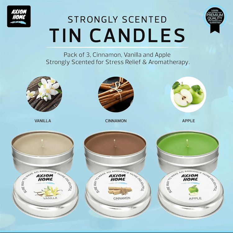 Pack of 3 Scented Tin Candles - 15 Hours Long Lasting Combo (Apple, Cinnamon, Vanilla)