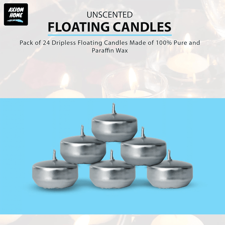 Unscented Pack of 24 Floating Candles, 4 Hours Burning Time - ( Metallic Silver )