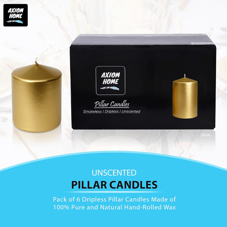 (Pack of 6) Long lasting Pillar Candles 65 Hours - FREE SHIPPING - Axiom (Golden-3.15 x 3.94 Inches)