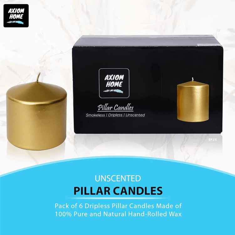 (Pack of 6) Long lasting Pillar Candles 51 Hours - FREE SHIPPING - Axiom (Golden-3.15 x 3.15 Inches)