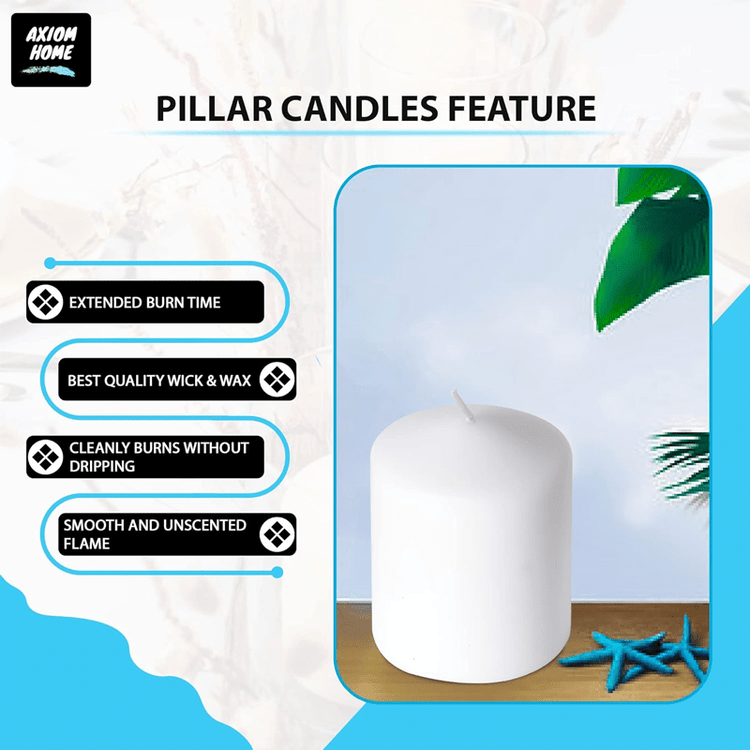 (Pack of 6) Long lasting Pillar Candles 65 Hours - FREE SHIPPING - Axiom (White-3.15 x 3.94 Inches)