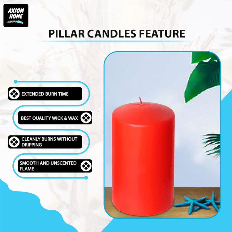 (Pack of 6) Long lasting Pillar Candles 89 Hours - FREE SHIPPING - Axiom (Red-3.15 x 5.50 Inches)