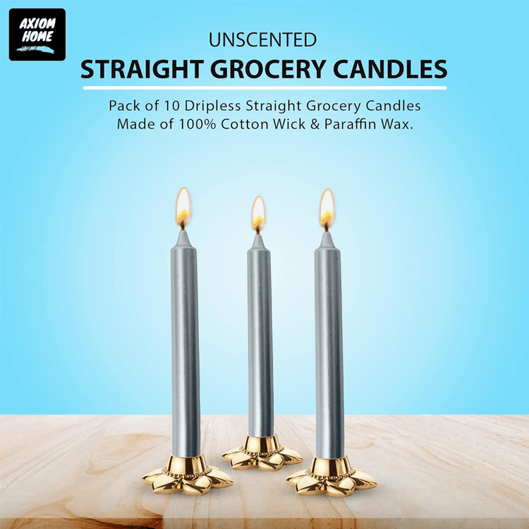 (Pack of 10) Unscented Straight Candles -10 Hours Burning Time (Silver)