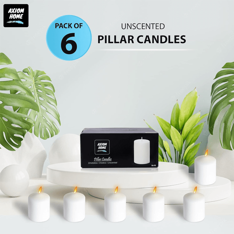 (Pack of 6) Long lasting Pillar Candles 65 Hours - FREE SHIPPING - Axiom (White-3.15 x 3.94 Inches)