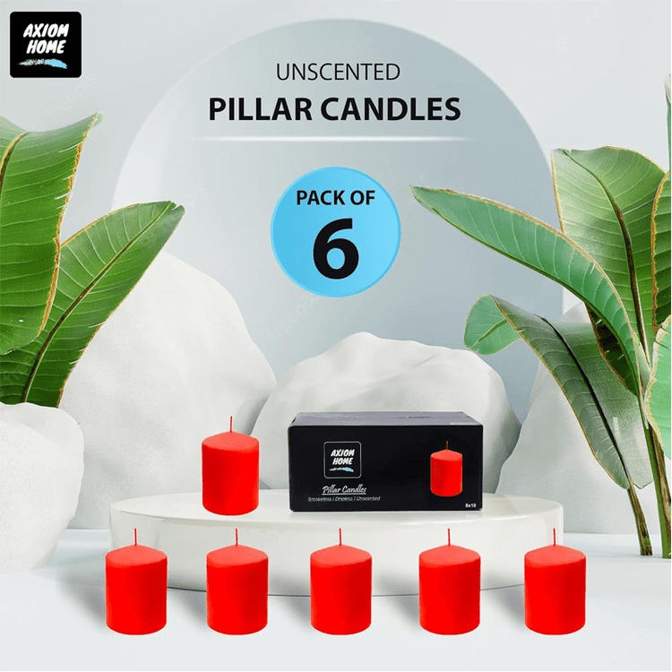 (Pack of 6) Long lasting Pillar Candles 65 Hours - FREE SHIPPING - Axiom (Red-3.15 x 3.94 Inches)